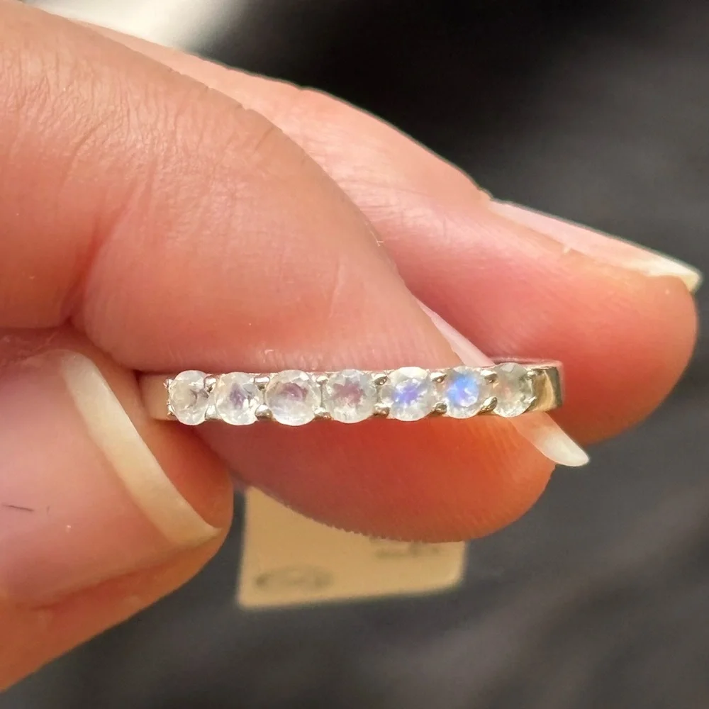 925 Genuine Rainbow Moonstone 7 Stone Band Ring Sterling Silver